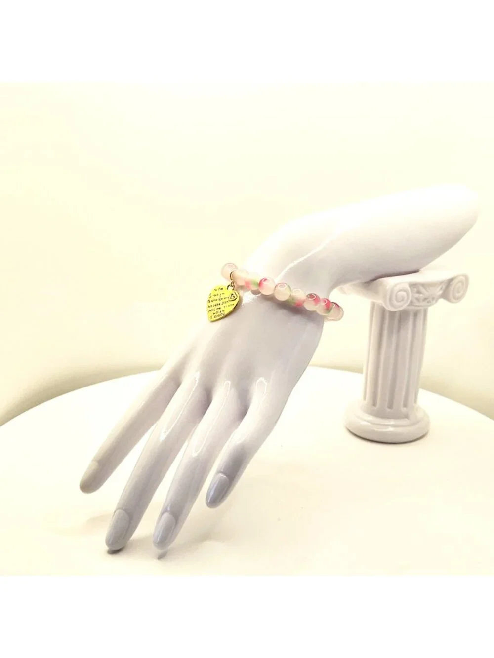 Pastel Heart Charm Bracelet, Pink Green Beaded Stretch Bracelet, Cute